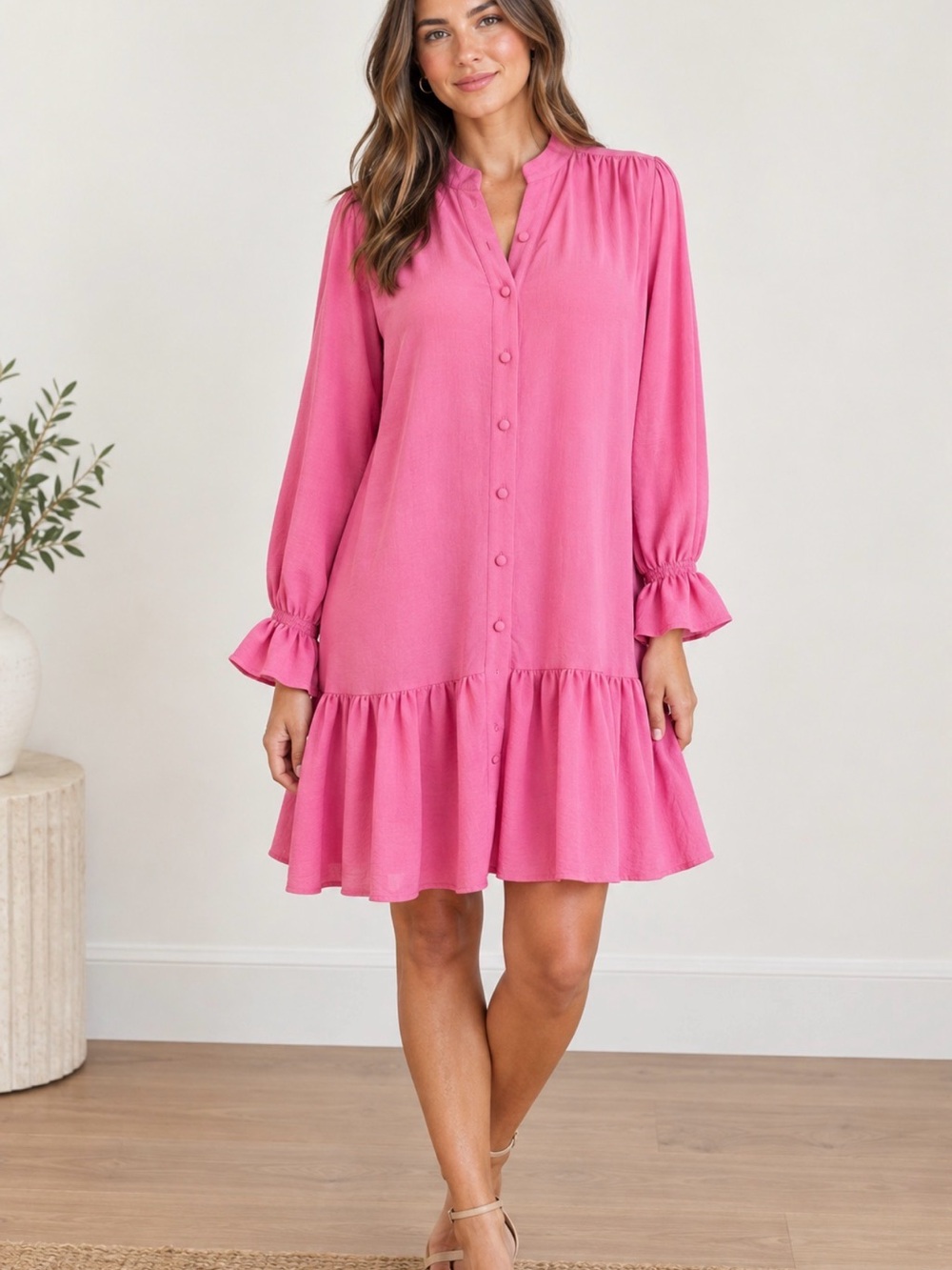 Alexie Pink Button-Front Ruffle Hem Dress